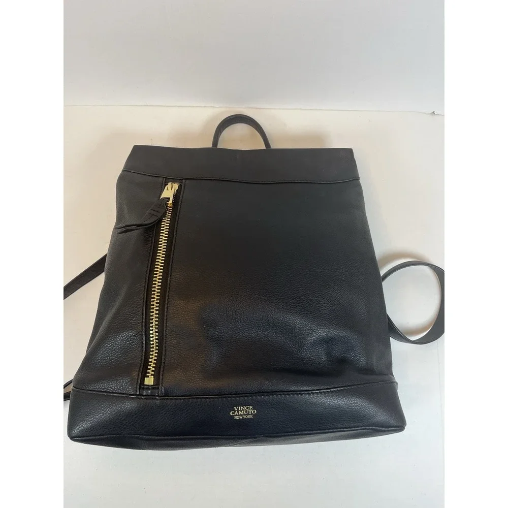 Vince Camuto Women's Madox Backpack Black Leather Metallic Gold Logo Travel Bag